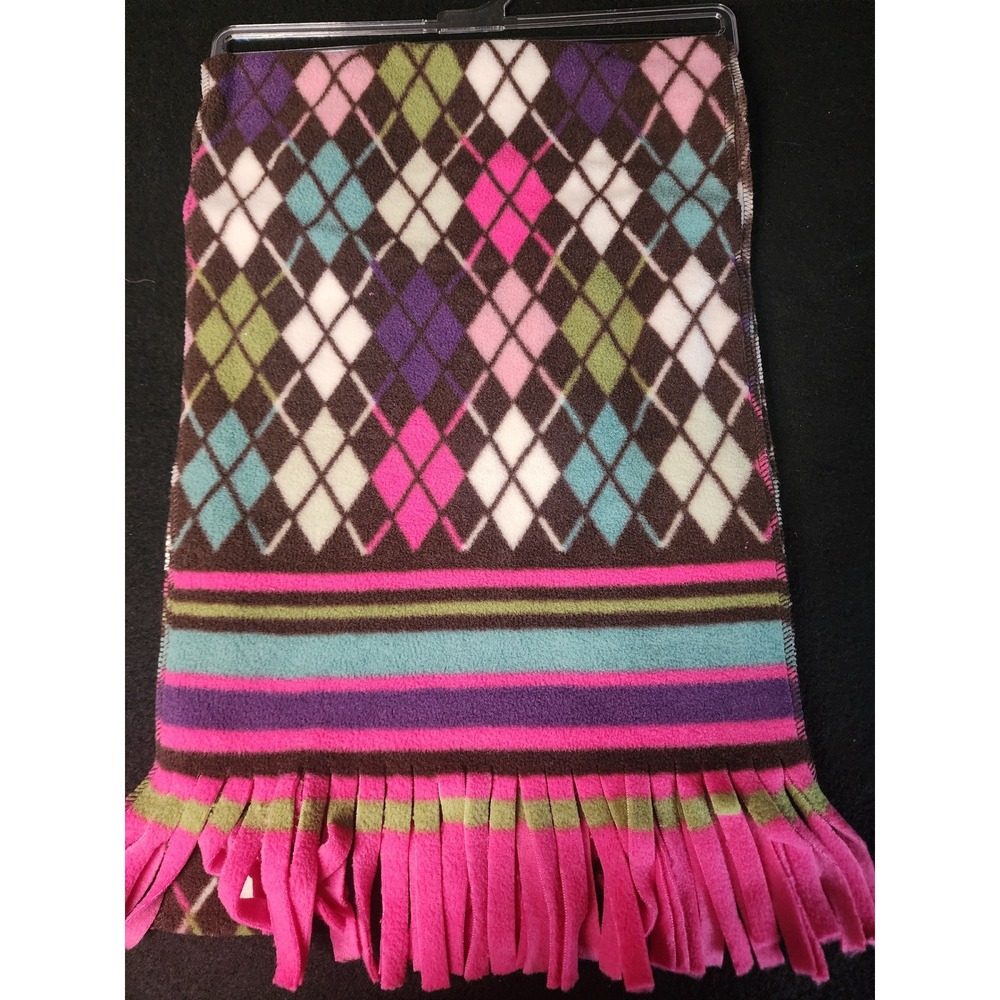 St. Johns Bay Argyle Fleece Scarf Pink Purple Teal Brown Fringe 56x10
